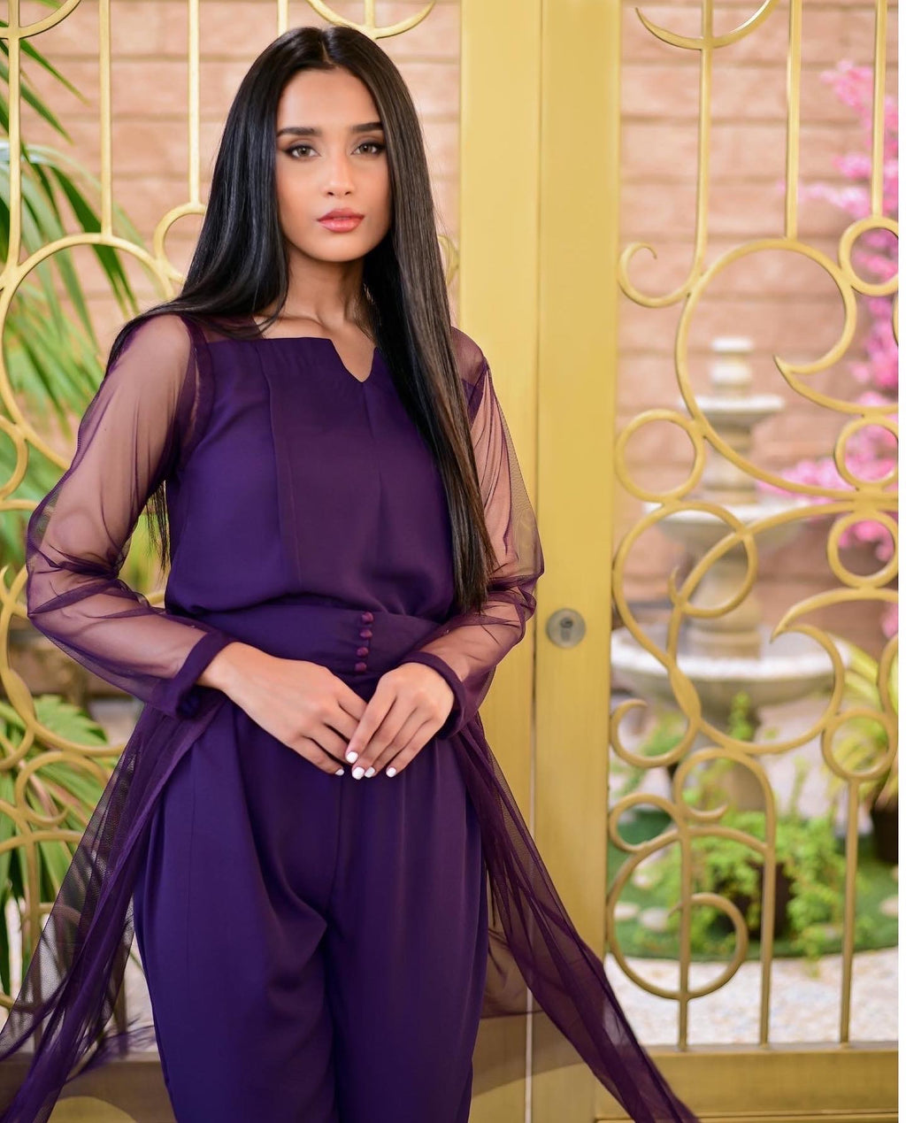 Deep Purple Sheer Cape Jumpsuit