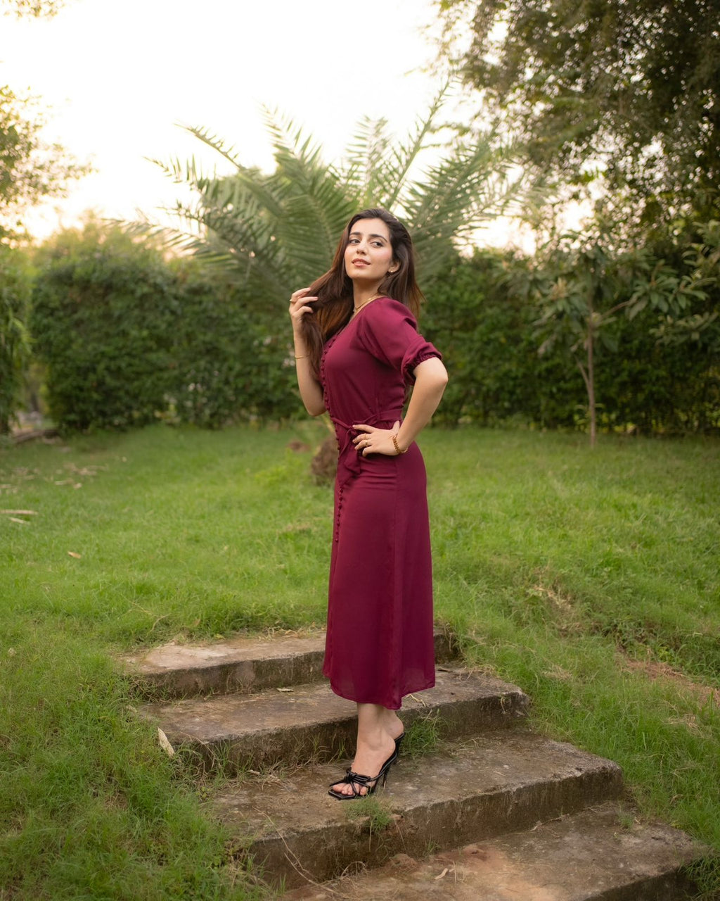 Maroon Georgette Buttoned Dress