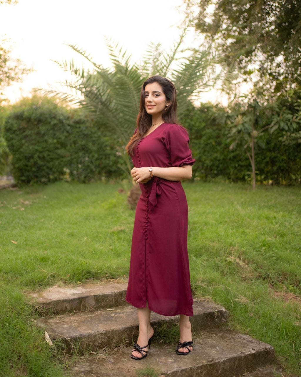 Maroon Georgette Buttoned Dress