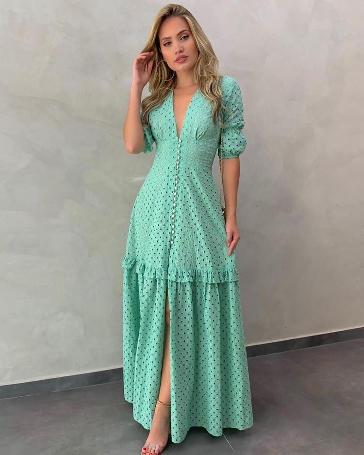 Mint Eyelet Button-Front Maxi Dress