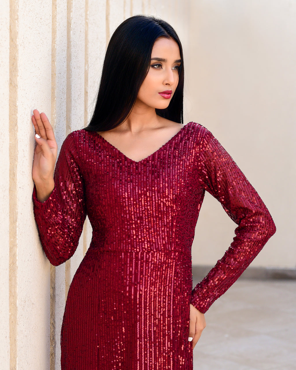 Burgundy Sequin Bodycon Maxi Gown
