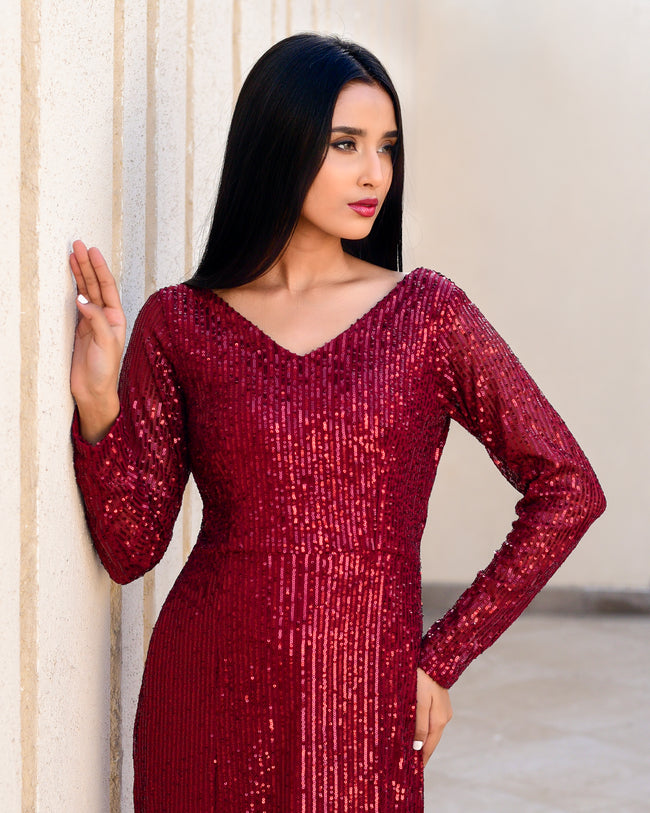 Burgundy Sequin Bodycon Maxi Gown Main Image