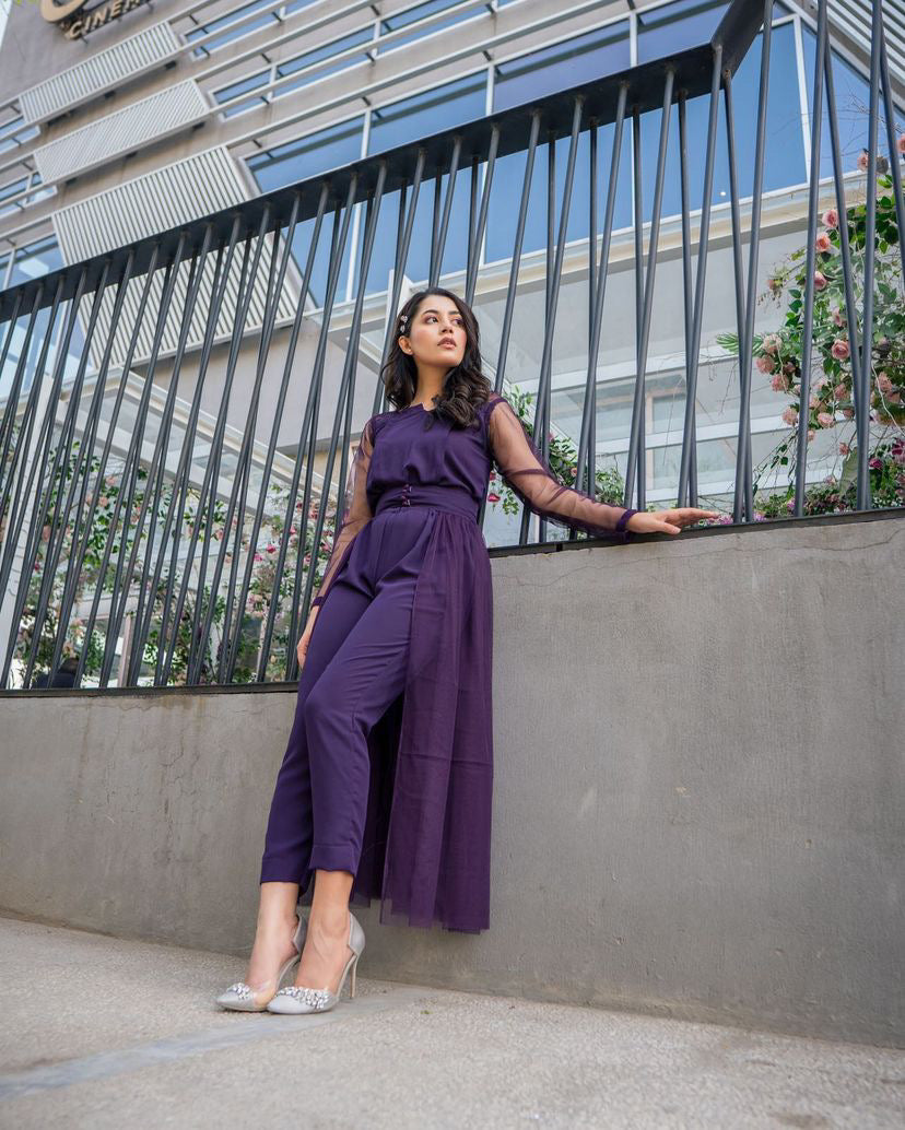 Royal Plum Cape-Overlay Jumpsuit