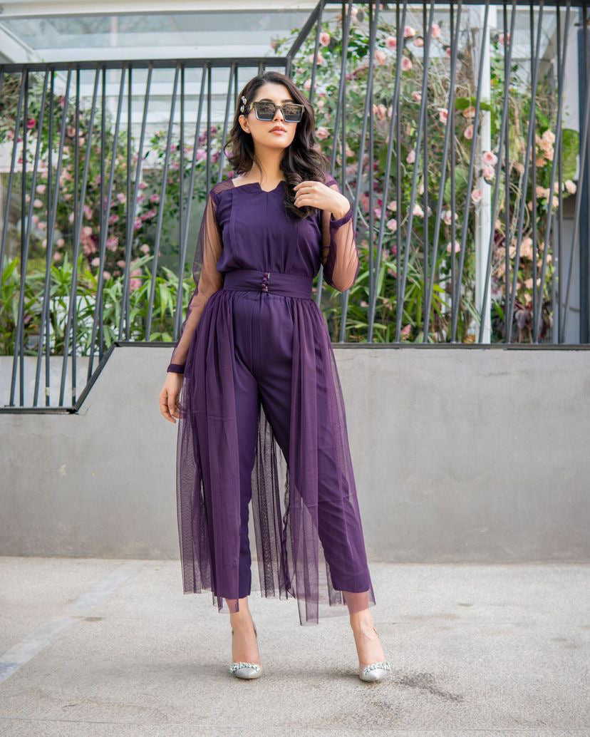 Royal Plum Cape-Overlay Jumpsuit