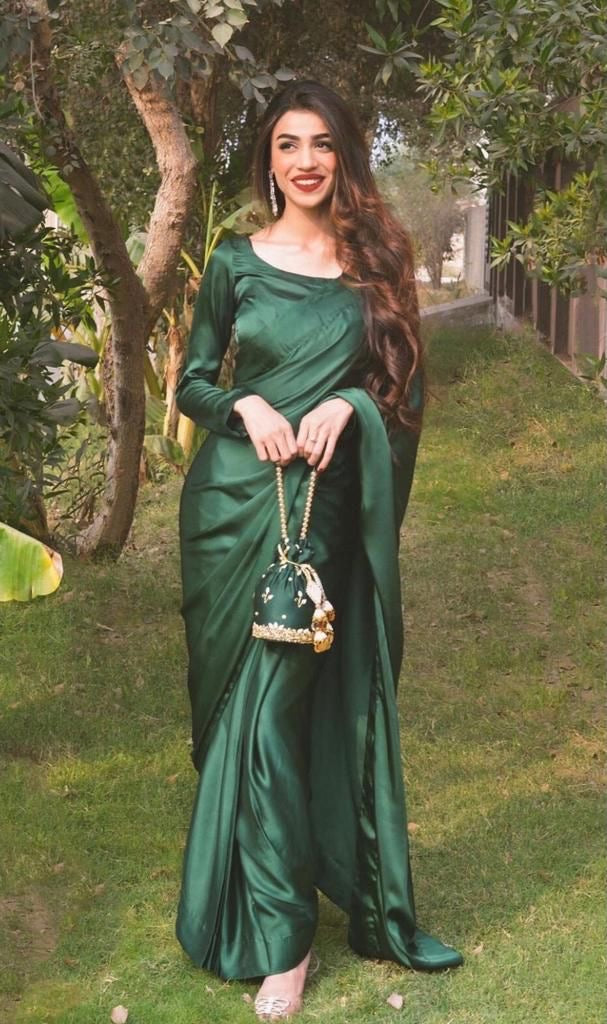 Emerald Satin Drape Saree Hover Image