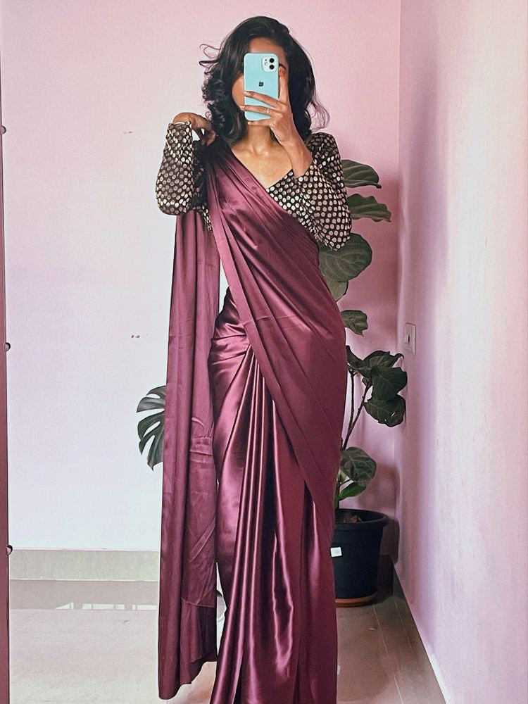 Wine Satin Saree Set with Embellished Blouse