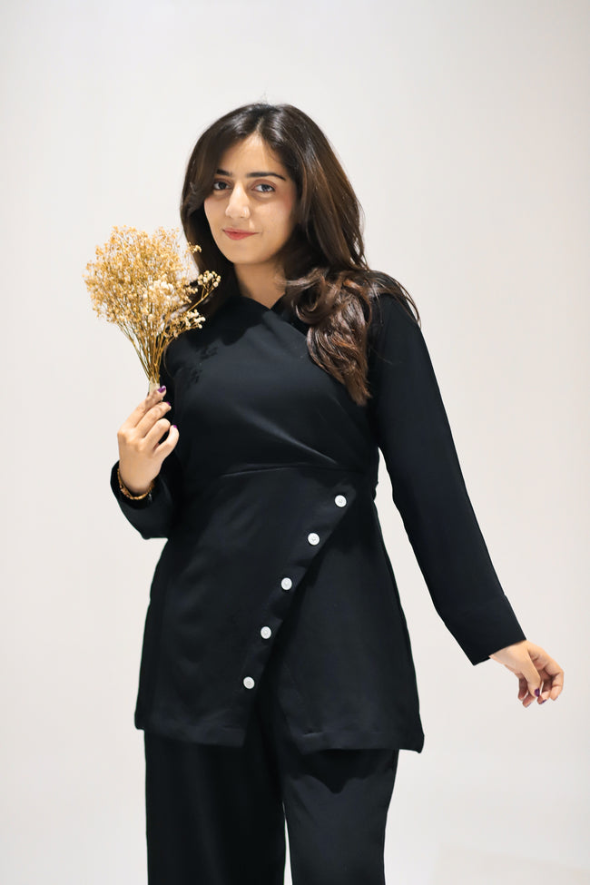 Black Asymmetrical Button Co-ord Set Hover Image