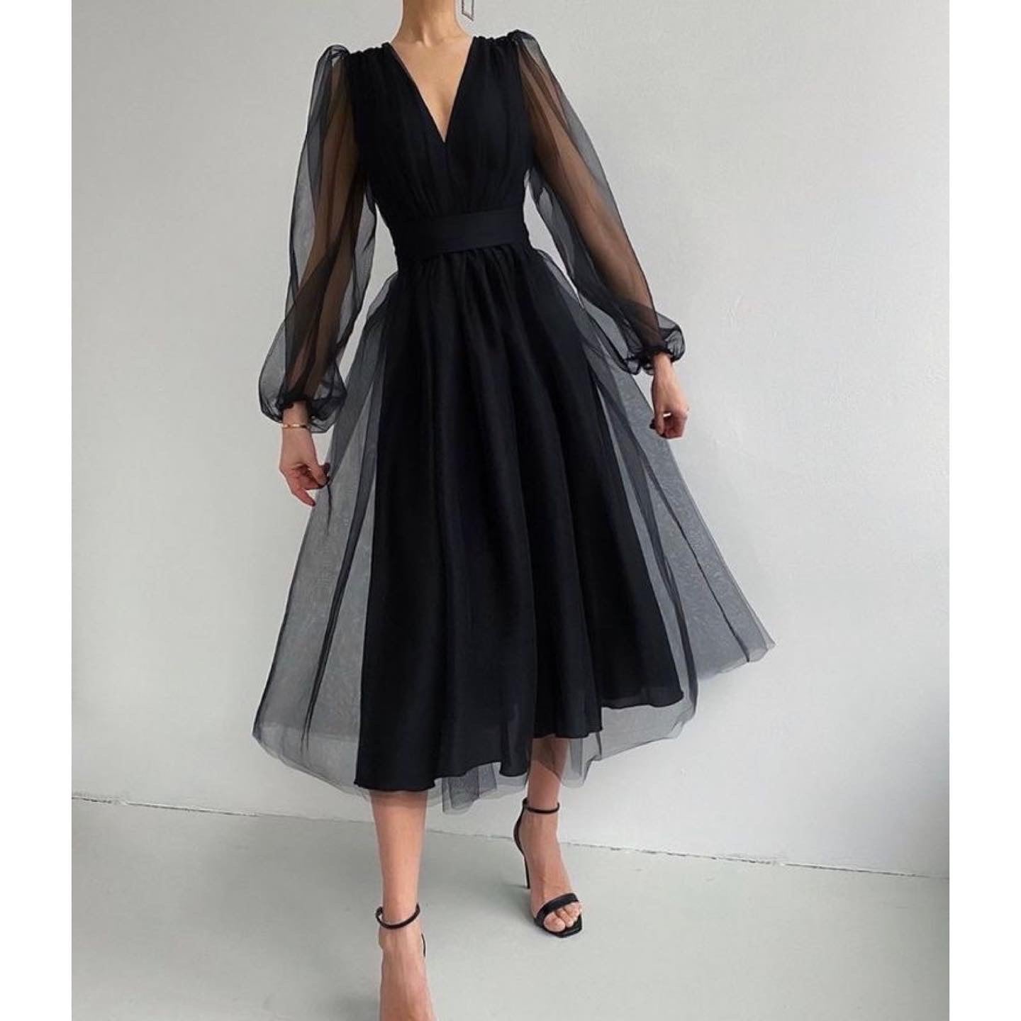 Black Sheer-Sleeve Tulle Midi Dress
