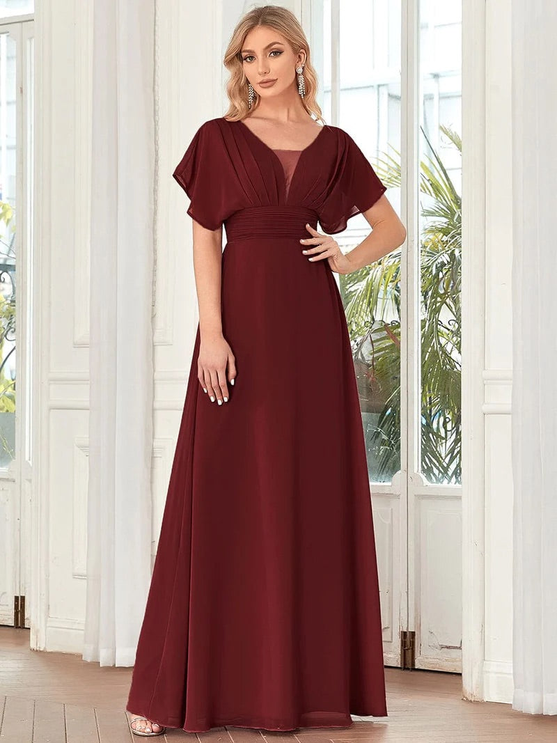Wine Flutter Sleeve Maxi Gown
