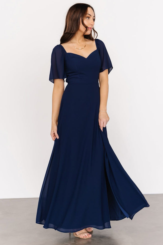 Navy Blue Flutter Sleeve Gown Hover Image
