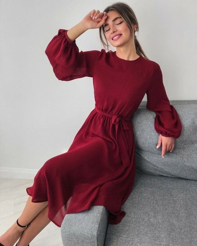 Burgundy Tie-Waist Midi Dress Hover Image
