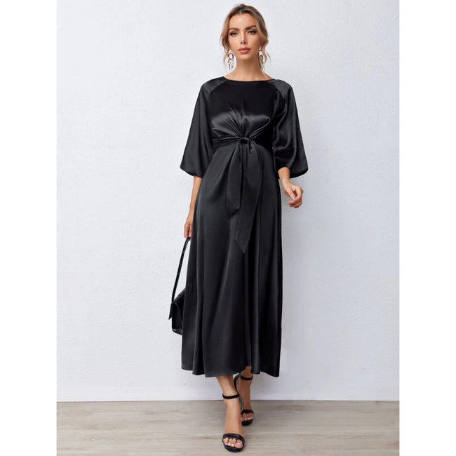 Korean Silk Knotted-Waist Dress Main Image