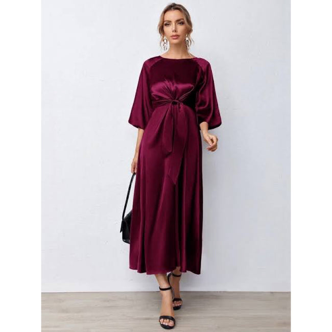 Korean Silk Knotted-Waist Dress Hover Image