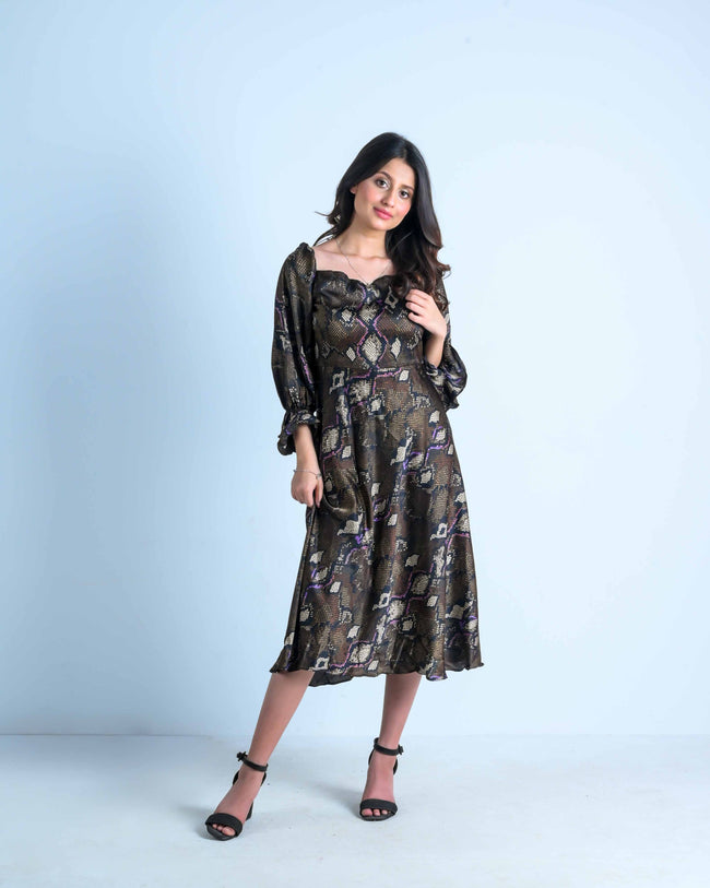 Brown Printed Puff Sleeve Dress Hover Image