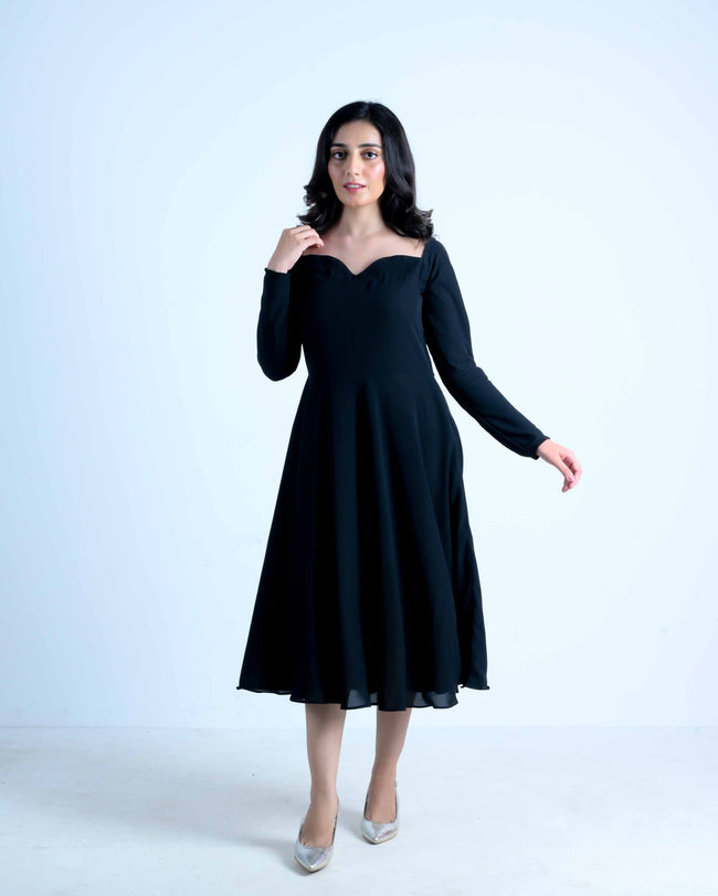 Black Georgette Sweetheart Midi Dress Main Image