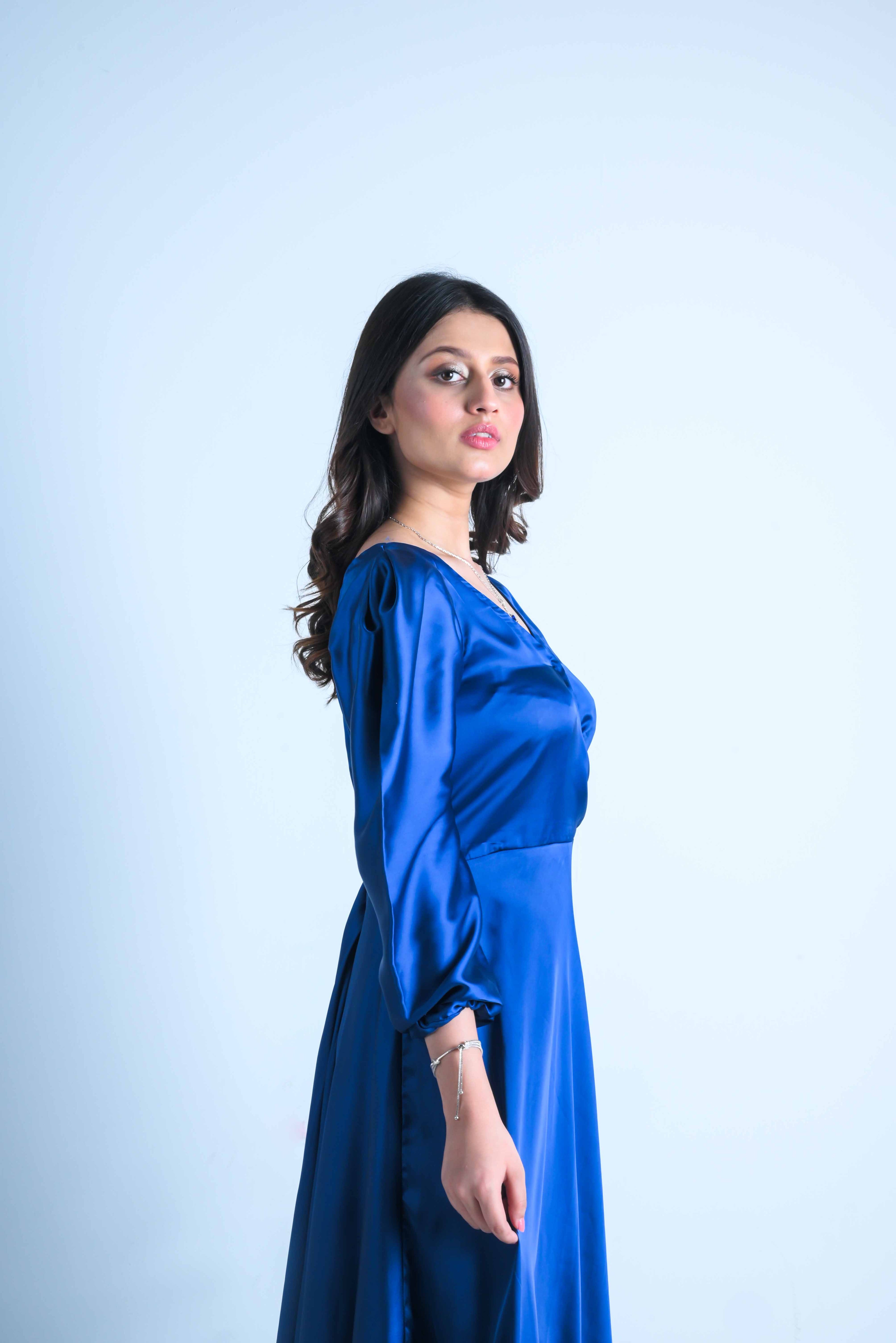 Royal Blue Satin Wrap Maxi Dress