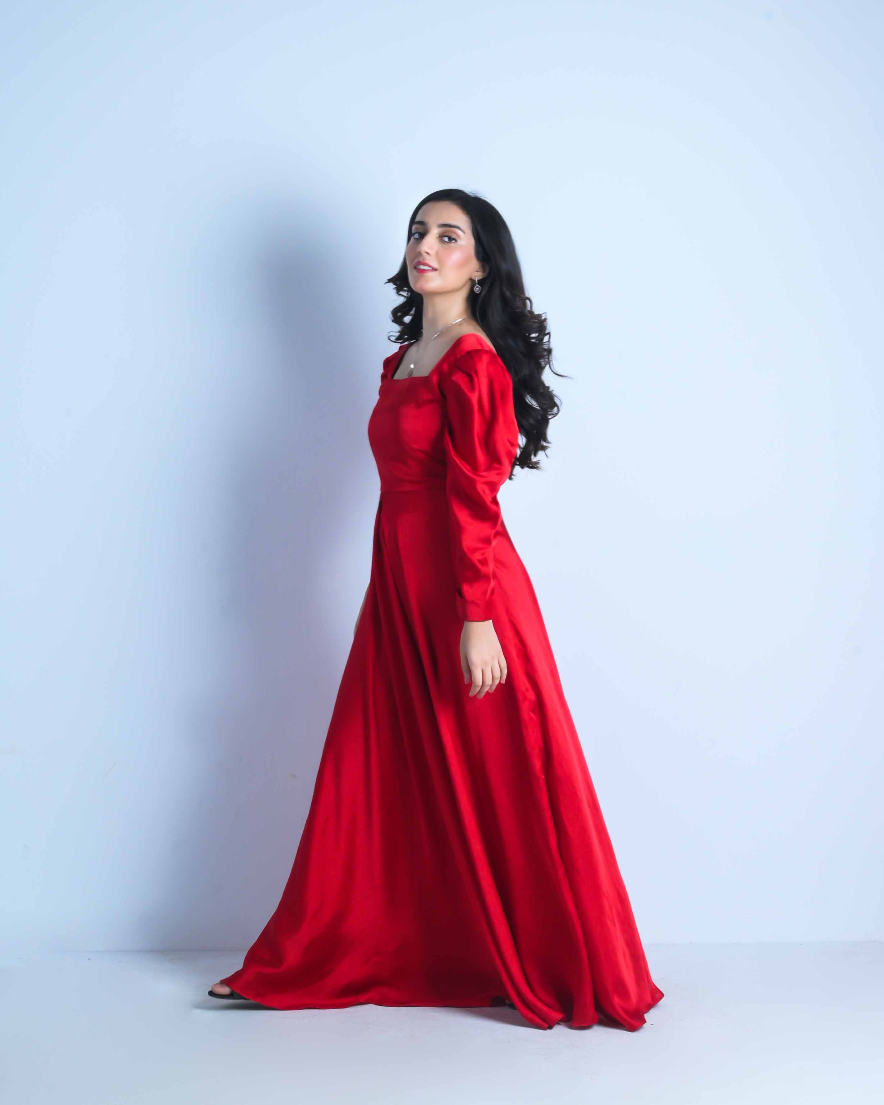 Scarlet Satin Puff Sleeve Gown