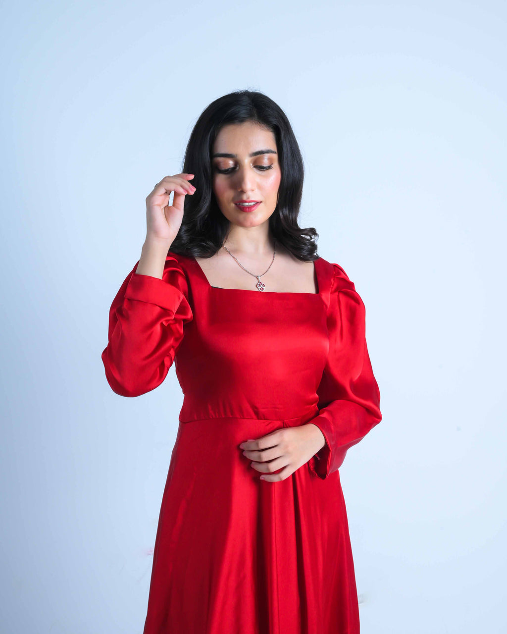 Scarlet Satin Puff Sleeve Gown