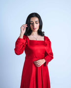 Scarlet Satin Puff Sleeve Gown