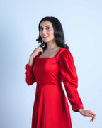 Scarlet Satin Puff Sleeve Gown