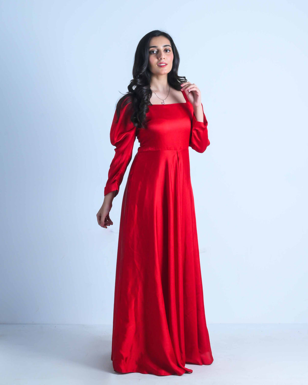 Scarlet Satin Puff Sleeve Gown