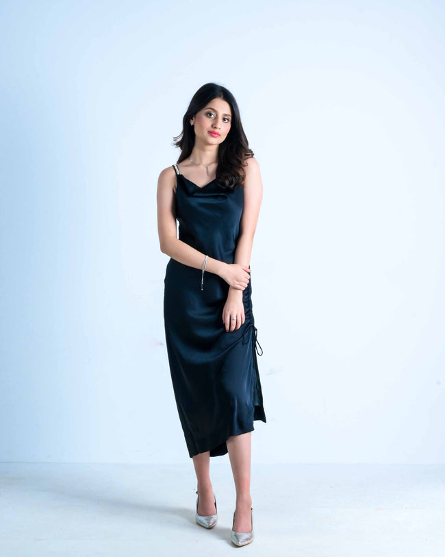 Black Silk Strap Slip Dress Hover Image