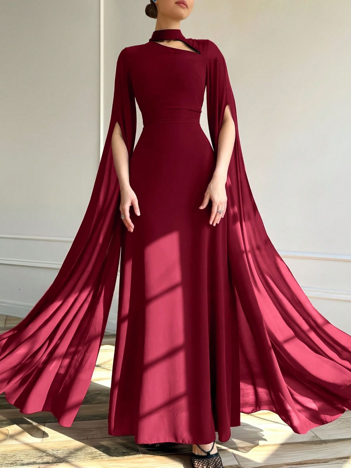 Cape Sleeve Cutout Neck Maxi Gown