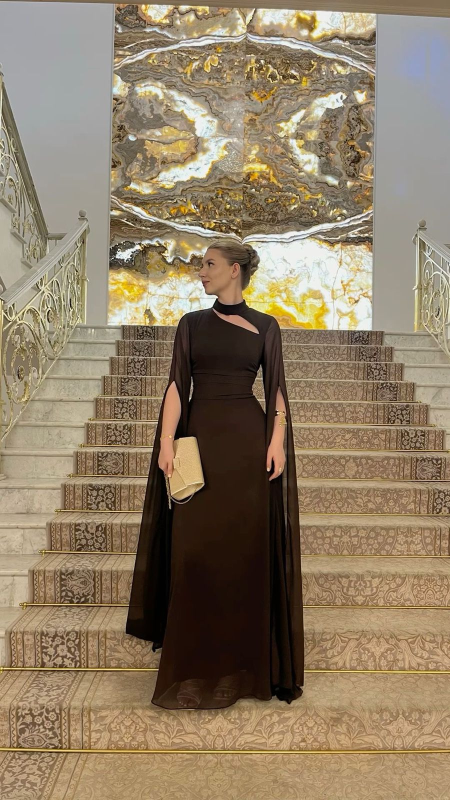 Cape Sleeve Cutout Neck Maxi Gown