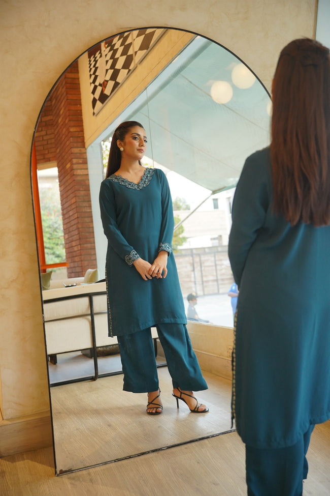 Teal Georgette Laced V-Neck Co-ord Set Main Image